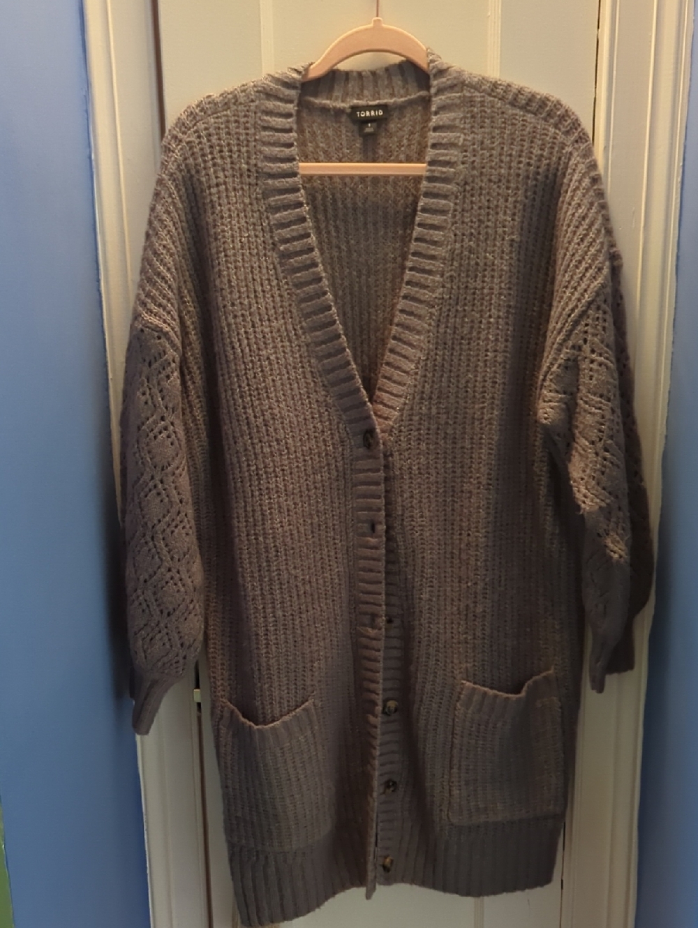 torrid Light Gray Openwork Sleeve Long Button Cardigan